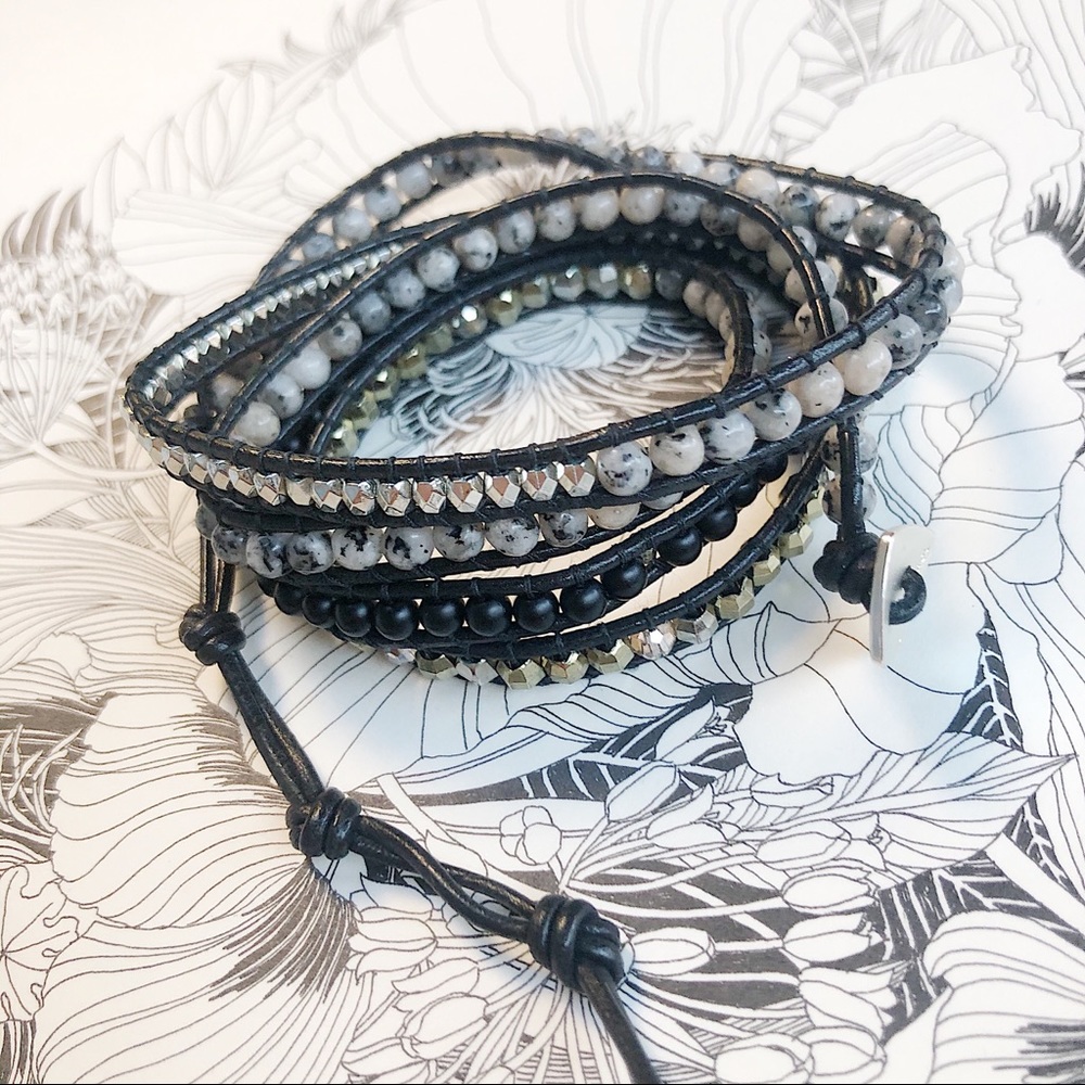 Black Faux Leather Wrap Bracelet Dalmatian Jasper